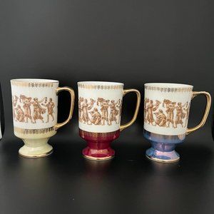 Set of 3 Royal Crown Greek Classic Gold Trim Metallic Mugs